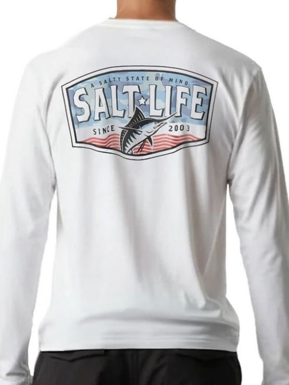Salt Life White Long Sleeve Tee with Blue Camo & Red Wave Graphic